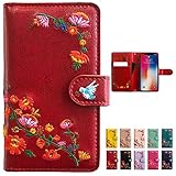 らくらくスマートフォン me F-01L F-42A 花刺繍 ケース カバー 手帳型 ケース カバー 【ローズレッド】 [内側黒TPU] f-01lケース f-01lカバー f01lケース f01lカバー f01l f-42aケース f-42aカバー f42aケース f42aカバー f42a らくらくスマートフォンme スマホケース スマホカバー 手帳 手帳型ケース 手帳型カバー 【NB】 red