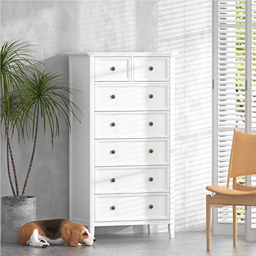 Ikeno White 7 Drawer Tall Dresser, Solid Wood Large Storage Cabinet, Modern Simple White Tall Chest Of Drawer For Bedroom Living Room Hallway Entryway (White) #TOP7