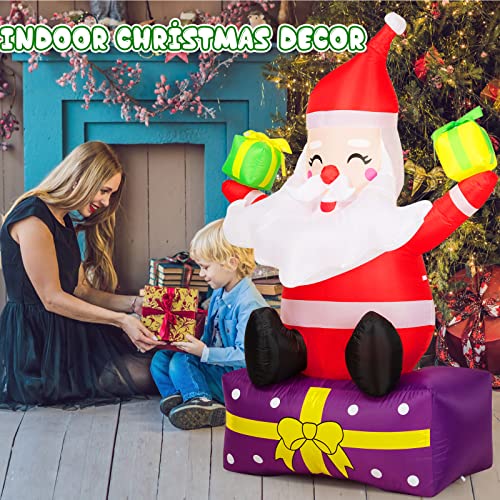 6Ft Inflatable Santa Claus Xmas Santa Claus with Gift Boxes Blow Up Yard Decor Christmas Outdoor Decorations, Built-in LED Lights with Tethers, Stakes for The Yard, Lawn, Garden