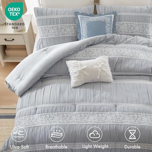 Image of Madison Park 5-Piece Farmhouse Comforter Set with Ruching & Lace Trim, Soft Chambray Bedding, Includes Comforter and 2 Decorative Pillows, Queen, Blue