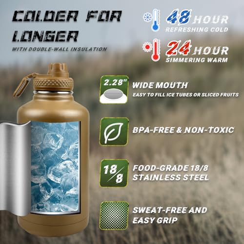 Image of Half Gallon Water Bottle with Sleeve - 64 oz Stainless Steel Insulated Water Jug with Handle Wide Mouth Gym Water Bottles for Men Sports Workout Hiking Camping with Military Pouch Khaki