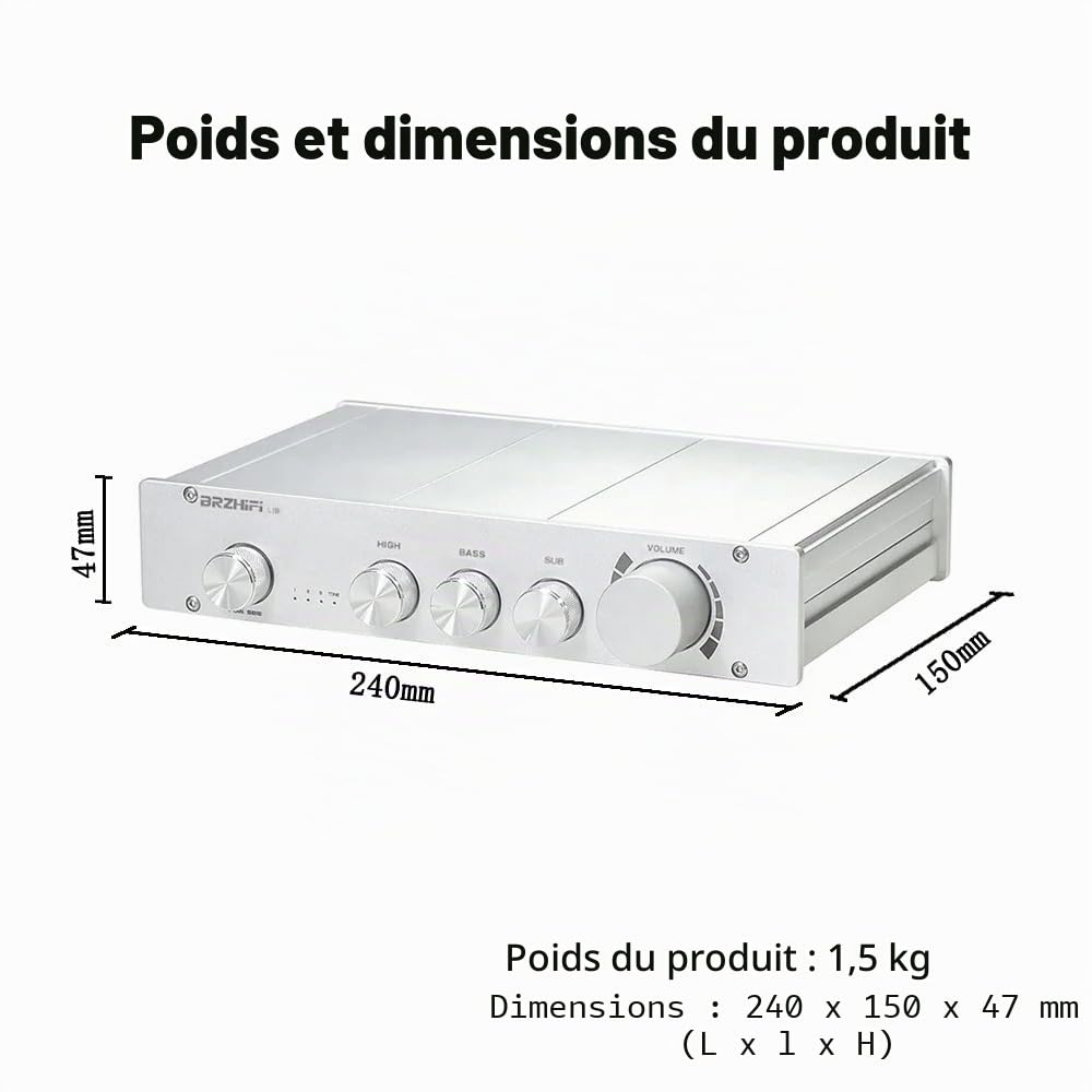 L1B Préamplificateur Pure Classe A HiFi Audio Domestique 2.1 canaux Contrôle indépendant des Hautes et Basses fréquences Bluetooth 5.0 Décodage indépendant PCM5102 Préamp（Argent）