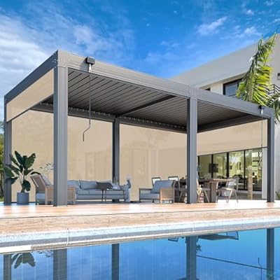 MELLCOM 10x20ft Louvered Pergola with 6-Panel Pull-Down Screen, Aluminum Pergola with Adjustable Rainproof Roof for Patio, Lawn & Garden, Dark Gray