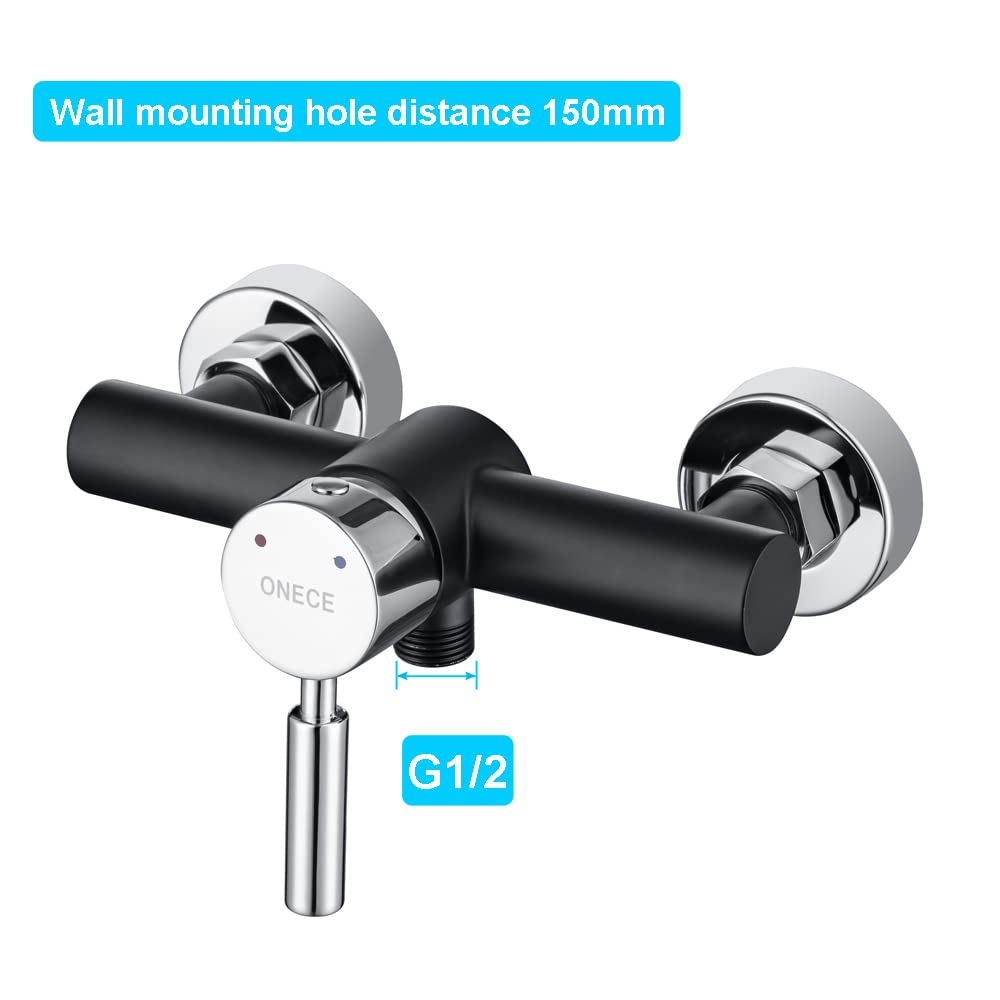 ONECE Rubinetto Doccia a Parete in Ottone Nero, Set Miscelatore Doccia con Doccetta a 3 Modalità Φ12 cm, Temperatura Regolabile, con Supporto e Tubo Flessibile