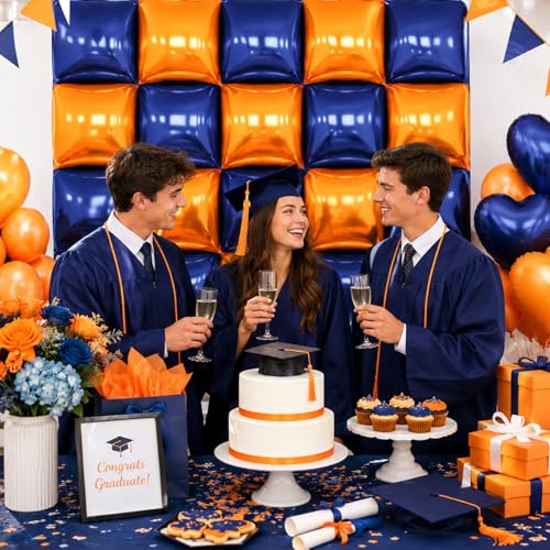 Image of Navy Blue and Orange Double Sided Square Foil Balloons Wall,19 Inches Chrome Foil Balloons Tunnel Arch Kit for Bachelorette, Anniversary, New Year,2026 Graduation,Birthday Party Decorations