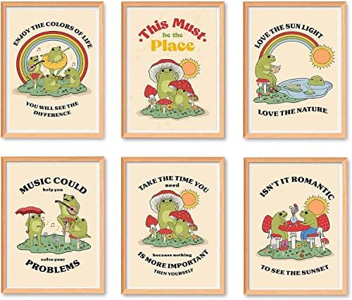 Vintage Frog Posters Wall Art Prints,Cute Frog Disco Wall Art Decor,Frog Decor for Bedroom,Mushroom Creativity Illustration Wall Canvas Prints,70s Aesthetic Quote Cartoon Cute Frog Nursery Room Home Decor,Set of 6(8"x10" Inches,Unframed).