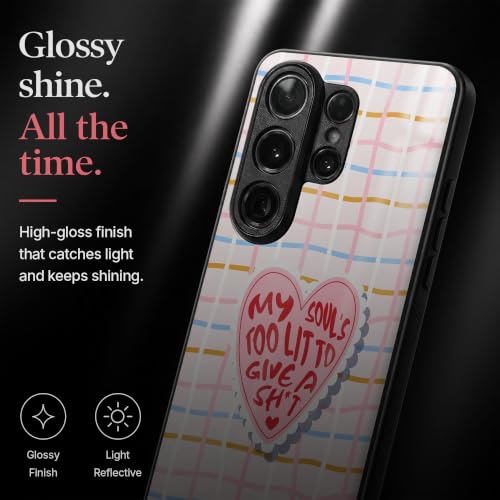Image of Stylish Designer Glass Case Compatible with Samsung Galaxy S23 FE 5G Back Cover for Women & Girls | Pink Lit Soul Quote Grid, Glossy & Scratch-Resistant Finish