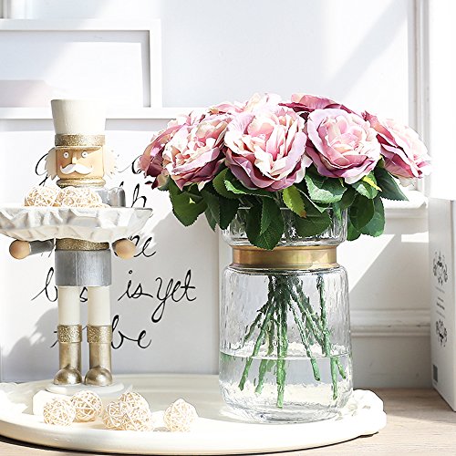 cyl home Vases Cylinder Clear Hammered Glass Flower Arrangement Vase Brass Gold B