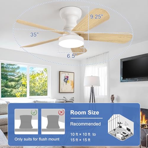 Image of Depuley Small Ceiling Fan with Lights: 35-Inch Flush Mount Fan with Light and Remote - Low Profile Ceiling Fans Reversible Quiet DC Motor for Bedroom Living Room Indoor Outdoor, Wood Color
