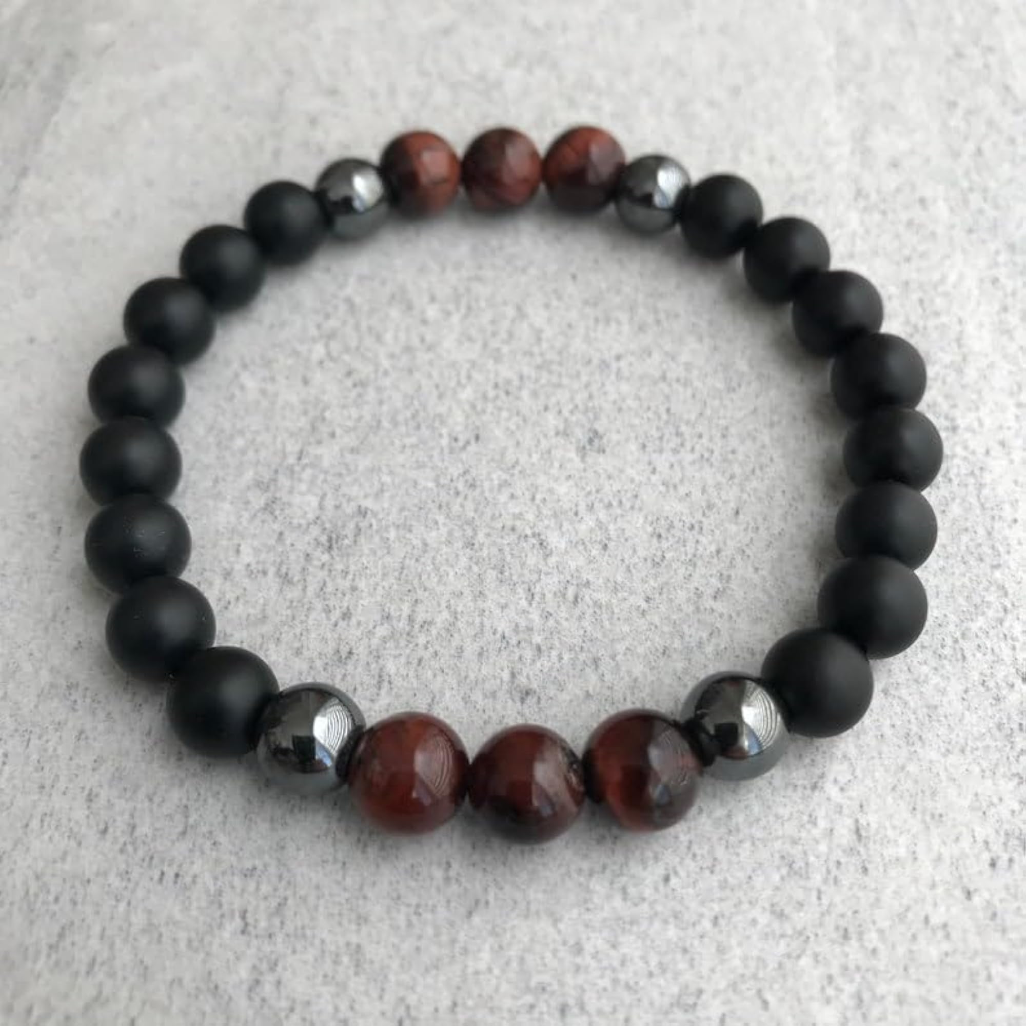 Natural Matte Onyx, Hematite & Red Tigers Eye 8mm Round Bead Stretchable Bracelet, Unisex