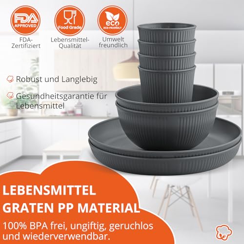 FUNYKICH 12 Teiliges Küchengeschirr Set für 4 Personen, Leicht und einfach zu stapeln, Unzerbrechliches Geschirr Set,mit 4 Teller, 4 Müslischalen und 4 Trinkbecher für Picknick, Camping (Dunkelgrau)