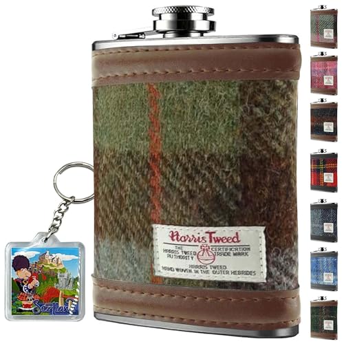 Harris Tweed 6oz Edelstahl Flachmann Geschenkset - MacLeod Tartan - Dunkelgrün und Pflaume Karo...