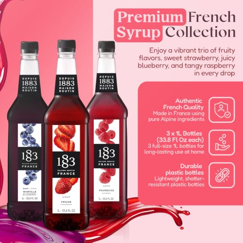 Image of 1883 Strawberry, Blueberry, Raspberry Syrups (Berry Lovers) for Drinks - 1 Liter Plastic Bottles (Pack of 3)