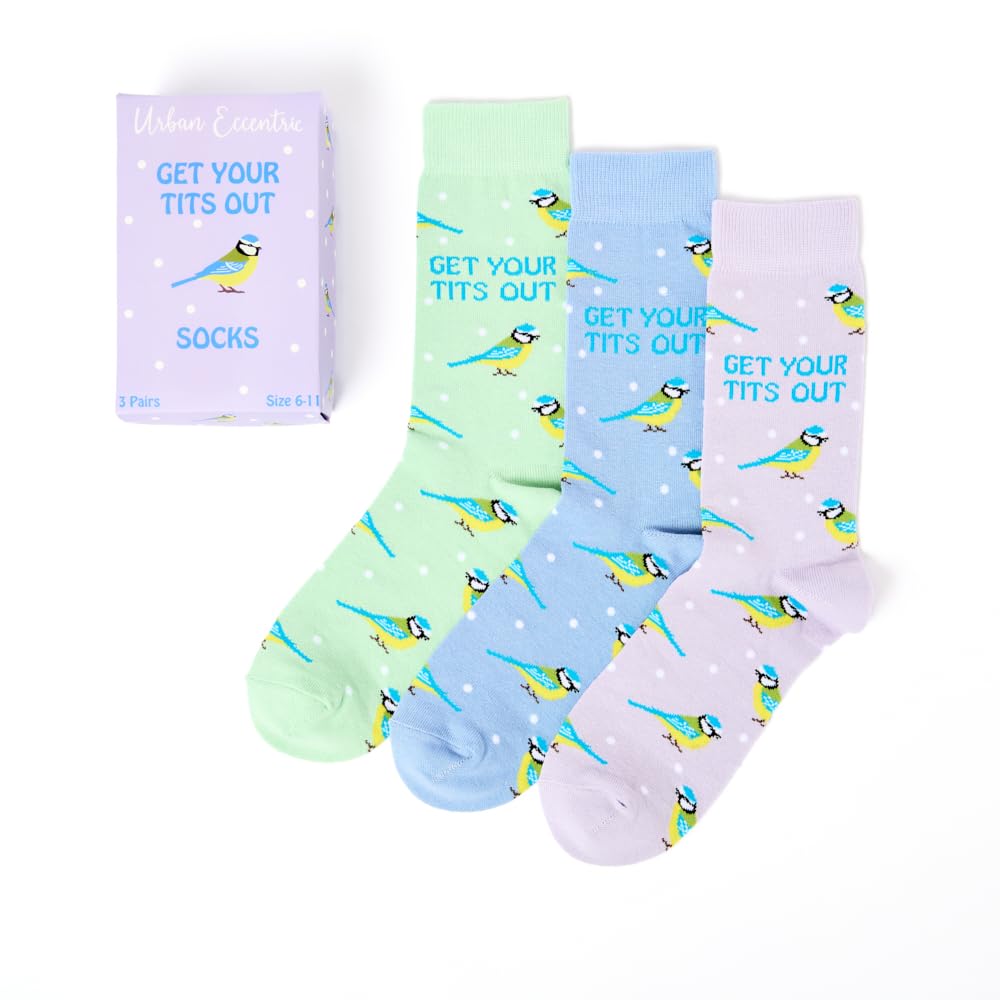 Unisex Get Your Tits Out – 3 Pair Funny Bird Socks Gift Box | Novelty Gift Socks | Blue Tit Design | UK Size 6–11