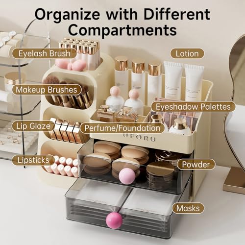 Image of UFORU Makeup Organizer for Vanity with Brush Holder, Large Capacity Bathroom Countertop Skincare Organizer with 2 Drawers, Cosmetic Display Case for Perfumes, Eyeshadow Palettes, Nail Polishes
