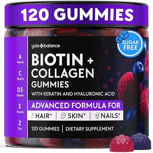 YOLOBALANCE Biotin Gummies 10000mcg for Hair Growth Support - Sugar Free Multi Collagen with Keratin, Silica & Hyaluronic Acid - Pectin Based, Soft Chew Hair Skin and Nails Vitamins - 120 Count