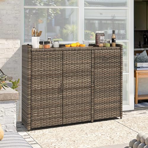 Yitahome MAYIHNCSBH Outdoor Storage Cabinet, Weather-Proof Rattan Bar Table With Two Doors, Adjustable Shelves & Foldable Drawer, Wicker Patio Storage Box thumb #1