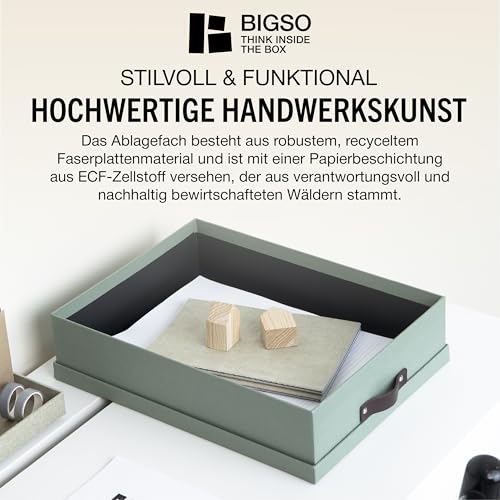 BIGSO OSKAR Dokumentenbox A4 – Aufbewahrungsbox mit Deckel und Griff – Schreibtischablage für Papier, Broschüren & Dokumente – Regal Aufbewahrungsbox aus Faserplatte und Papier – mintgrün