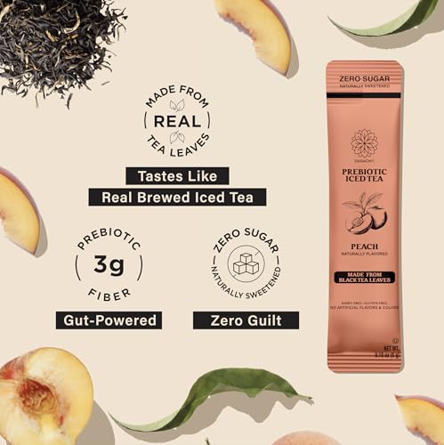 Image of Harmony Peach Prebiotic Black Iced Tea, 10 Sticks | Real black tea, Ripe peach flavor, 3g prebiotic fiber per stick, 25 calories, Zero sugar, Gluten free, Dairy free