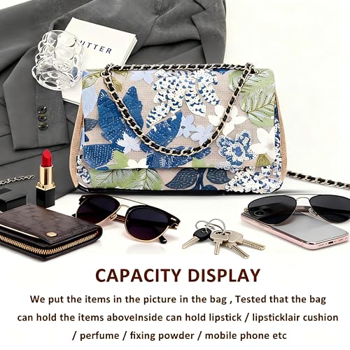 Image of Handmade Sequin Embroidery Straw Tote - Bohemian Shoulder Bag, Large Capacity, Perfect for Vacation, Travel, Daily Use & Banquets (Blue Flower)