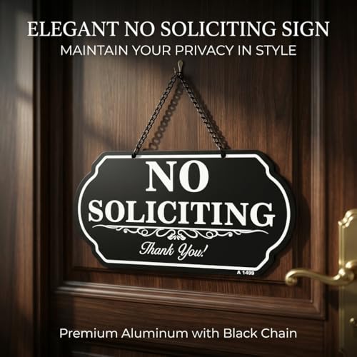 Image of No Soliciting Sign for Front Door, 10 x 5 Inch Aluminum No Soliciting Hanging Sign, Weatherproof Outdoor No Solicitors Sign with Chain, UV Printed Rust-Free Sign for Home, Office, Porch, Yard