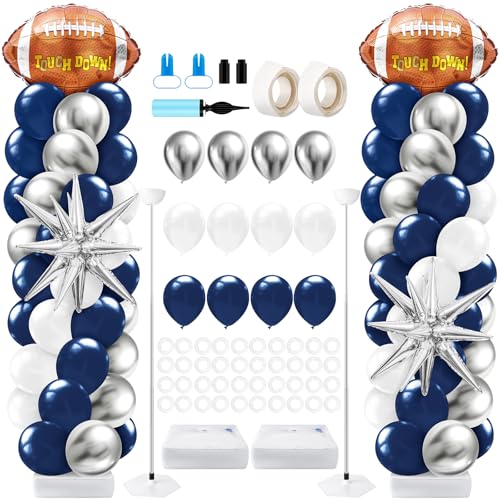 Kasyat 2 Sets Cowboys Football Balloon Column Stand Kit with 4d Football, 100 Latex Navy Blue White and Silver Balloons Arch Garland for Rugby Party Baby Shower Birthday Sport Theme Decorations