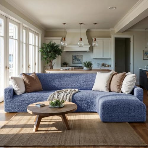 Image of Bellissima Sofa Covers - Premium Luxury Microfibra Plain Stretchable Sofa Cover Fully Covered Slipcover, Imported from Italy (ASH Blue, L Shape Right-UN)