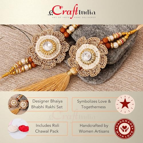 Image of eCraftIndia Boy's Golden & White Beads, Pearl, Diamond Designer Bhaiya Bhabhi Rakhis With Roli Chawal