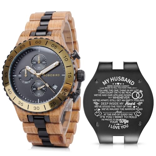 Montre en bois gravée de luxe pour homme : mouvement japonais et chronographe militaire chic