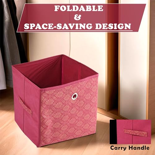Image of Urbane Home Storage Box | Foldable Square Storage Box with Ring | Golden Print | Cloth Organiser for Wardrobe | Non-Woven | Cupboard Organizer | Ideal for Toys, Books, Shoes | Maroon