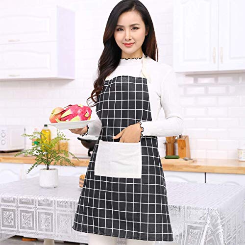 Image of KPNG Lattice Cotton Linen Apron Woman Adult Bibs Home Cooking Baking Coffee Shop Cleaning Aprons Kitchen Accessory (Pack Of 1, Black)