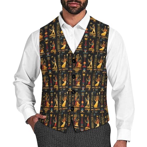 Egyptian Hieroglyphs And Pharaohs Suit Vest for Men Waistcoat Dressy V Neck Button Down Sleeveless Business Jacket Coat