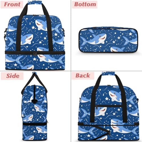Large Weekender Overnight Bags Cute Cartoon Shark Travel Duffel Bag for Women Men Gym Bag With Shoe Compartment Foldie Travel Tote Bag Carry On Personal Item Bag for Travel Gym Sports3