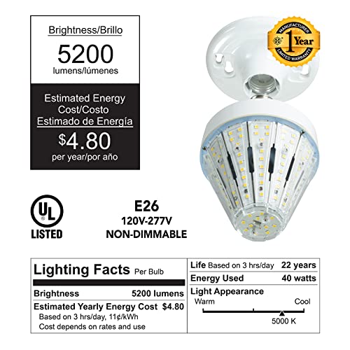 Gt-Lite Led Corn Cob Bulb, 40W (300W Equivalent), 5200 Lumen, Daylight 5000K, E26 Base #TOP4