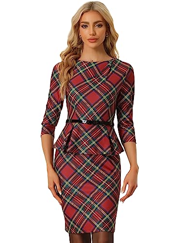 Allegra K Women's Peplum Pencil Dress Round Neck 3/4 Sleeve Bodycon Belt Plaid Sheath Dresses