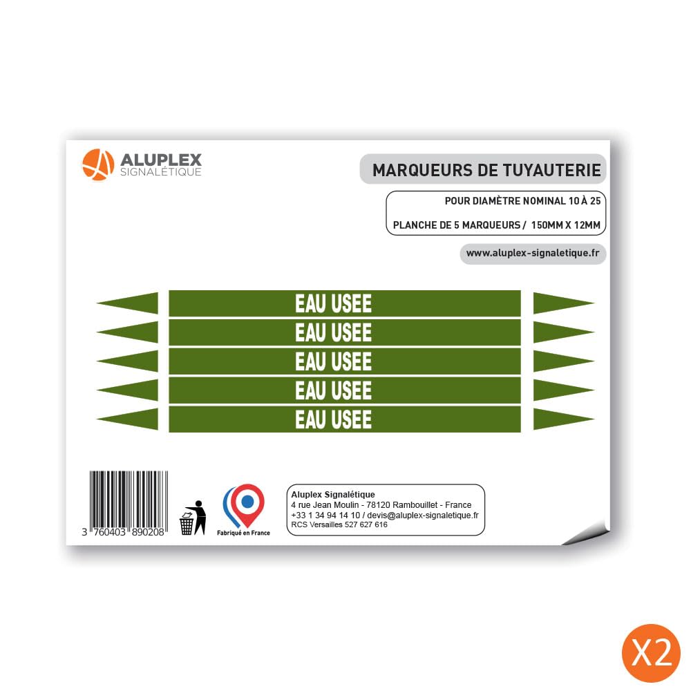 Planche de 10 marqueurs de tuyauterie EAU (Ø DM 10 à 25) pour fluide EAU USÉE / 150 x 12mm