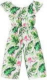 BOEBNOZCV Kids Little Girl Off-Shoulder Outfit Leaf Flamingo Print Jumpsuit Romper One Pice Summer Hawaiian Jumper Pant Clothing (Green,4-5T)