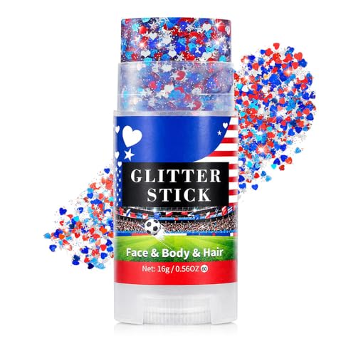 Go Ho Red White and Blue Glitter Stick Waterproof Star&Heart Face Body&Hair Glitter 4th of July Accessories Patriotic USA Flag Sparkle Cheer Glitter Makeup for Soccer Game Independence Day Makeup
