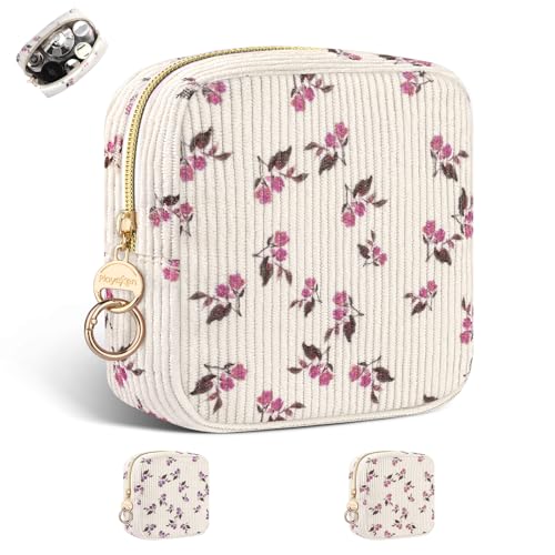 Kosmetiktasche Klein Schminktasche Damen Mini Make up Tasche Cord für Handtasche Frauen Mini-Kulturbeutel Tragbare Reise-Kulturtasche für Toilettenartikel mit Reißverschluss Organizer(Blume-Rosa)