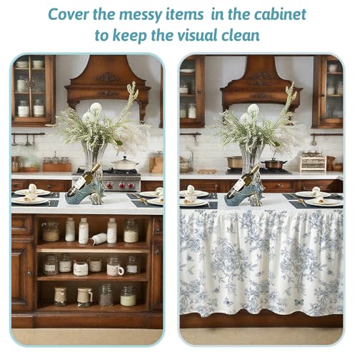 Rideaux courts bleus vintage pour cuisine et meuble bas