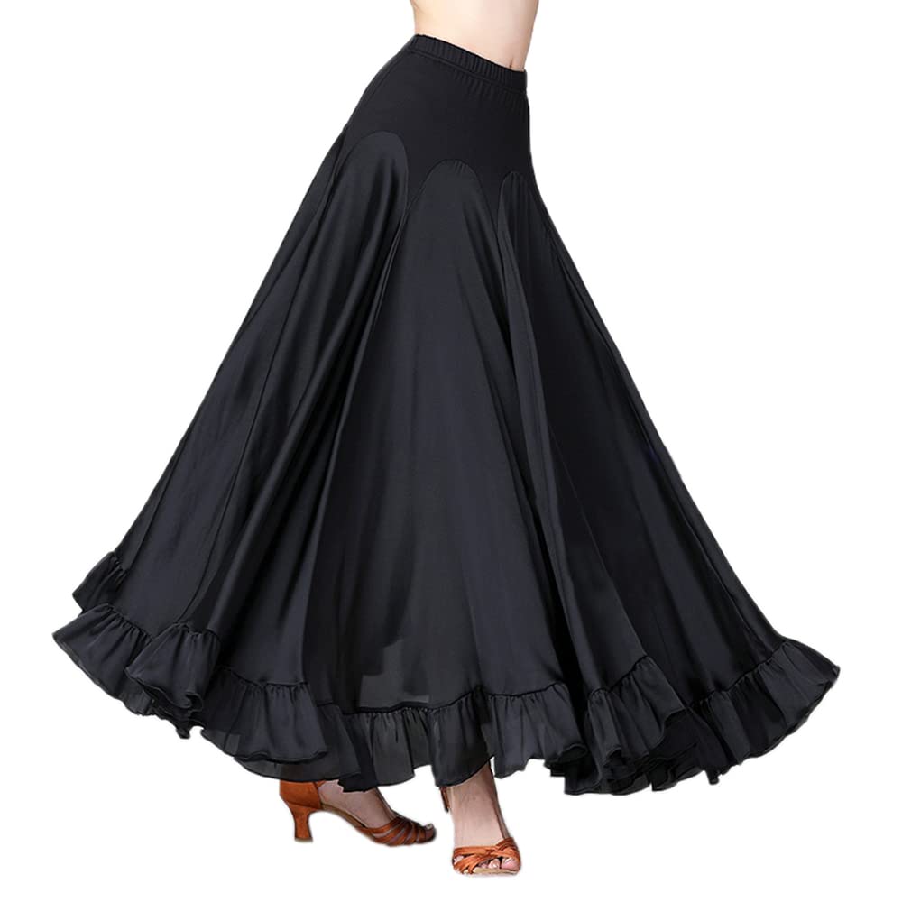 YM YOUMU Jupe longue à volants en satin avec taille élastique pour femme - Pour danse folklorico espagnole, noir, Taille M