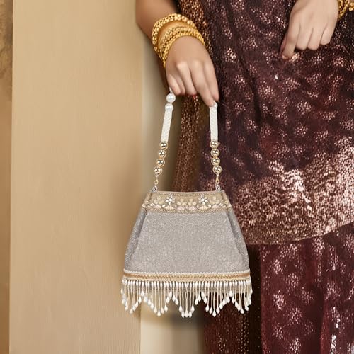 Image of Nevis PU Silk Fabric Women's Embellished Potli Bag with Pearl Handle & Fringe Detailing | Designe Wedding & Festive Handbag