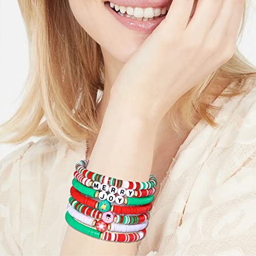 Faerliiry Christmas Beaded Bracelets Heishi Surfer Bracelets For Women Girls Merry Joy Xmas Polymer Clay Stretch Bracelets Stackable Disc Beaded Bracelets (Christmas3) #TOP1