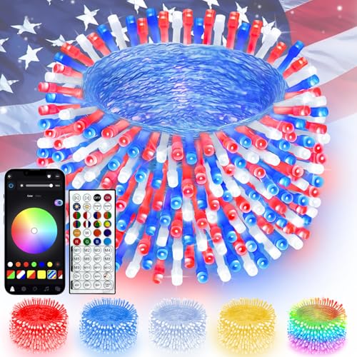 Smart Color Changing 4th of July Lights with Remote & App, 66FT 200LED Red White and Blue Twinkle...