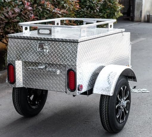 Aluminum Diamond Plate Enclosed Trailer, 59 x 30 x 28 inches, 800 lbs Capacity, Motorcycle Car Pull Behind