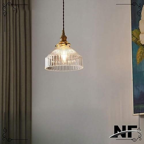 Miniatura 1 de Industrial Vintage Clear Ribbed Glass Pendant Light, E27 Brass Finish, Adjustable Retro Hanging Lamp for Kitchen Island, Dining Room, Bedroom, Bar,