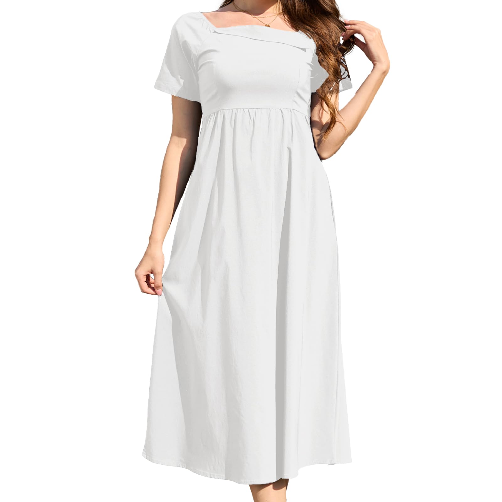 Jayscreate Women’s Casual Square Neck Long Halter Tie Dress Midi Short Sleeve 2025 Summer Flowy Dress A-Line for Women