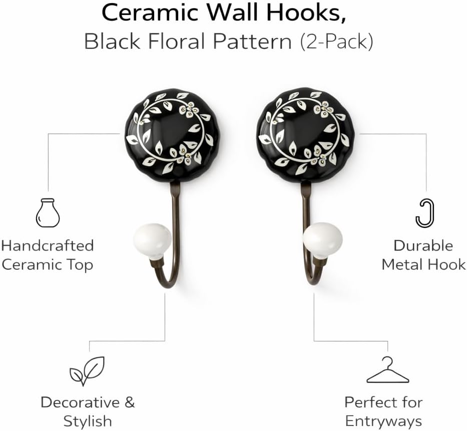 Ceramic Wall Hooks, Black with White Floral Pattern, 2-Pack Decorative Coat Hangers, 8 lb Capacity (2, Black)