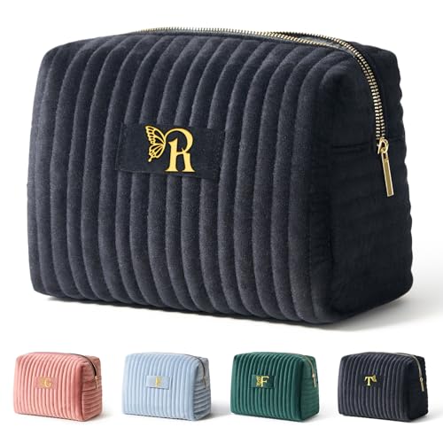 Image of COSHAYSOO Travel Makeup Bag Quilted Make Up Pouch Initial Cosmetic Case for Women Hair Eyebrow Eyeshadow Brushes Powder Foundation Blush Bronzer Contour Palette Items Organizer Black Letter R
