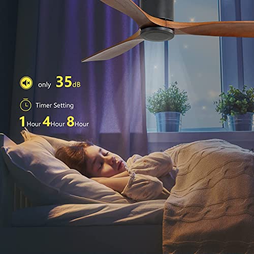 Caci Mall 52" Ceiling Fan Without Lights Remote Control, Low Profile Flush Mount Ceiling Fan 3 Walnut Wood Ceiling Fan Reversible Etl Dc Motor #TOP4